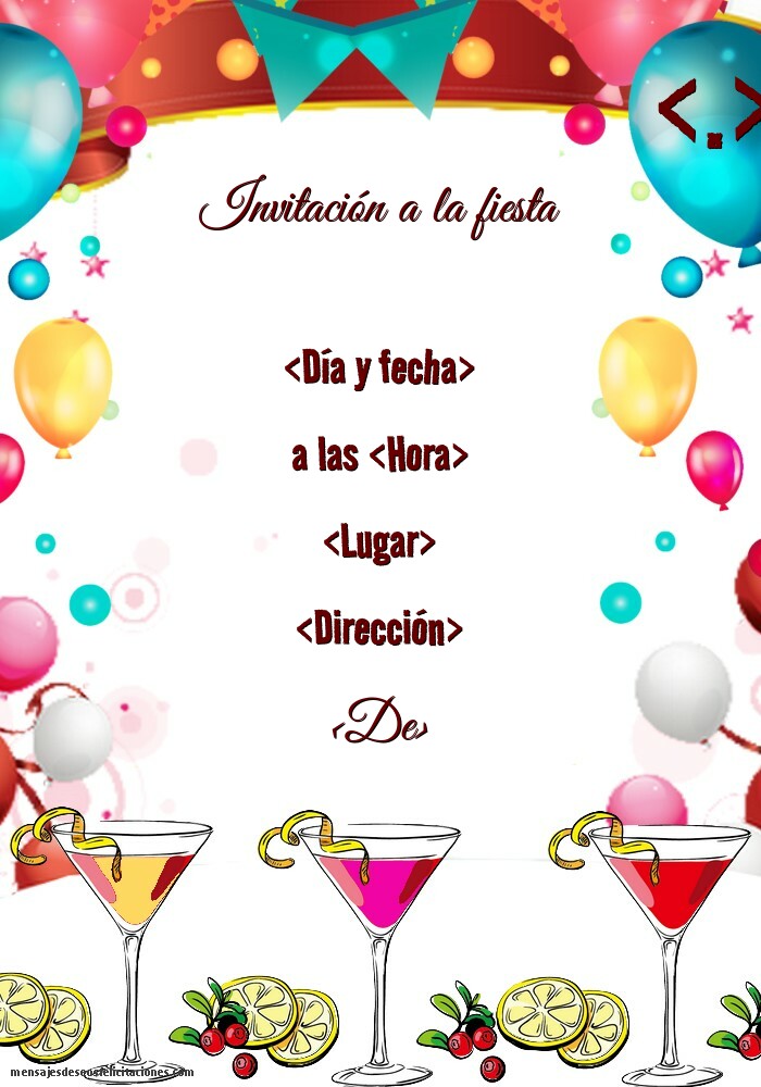 Invitación a la fiesta con copas de cóctel y globos | Personalizar invitaciones de cumpleaños