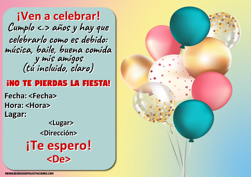 Invitación con globos - ¡Ven a celebrar! | Personalizar invitaciones de cumpleaños