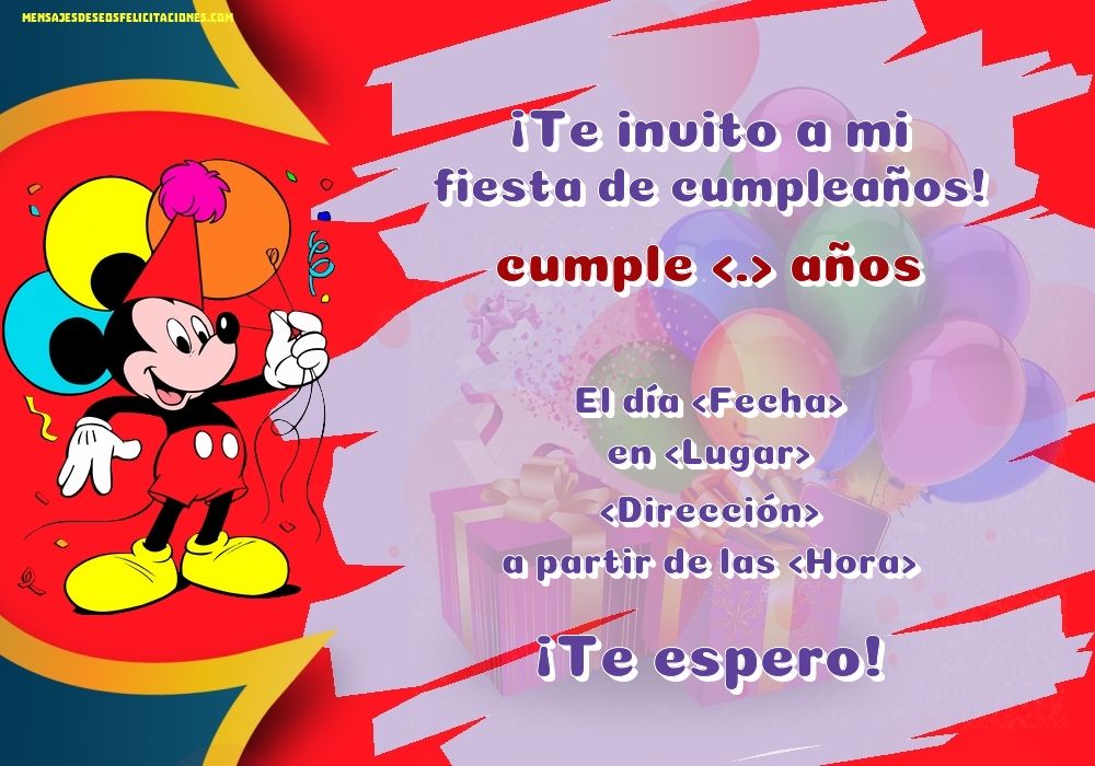 Invitación con Mikey Mouse y fondo con regalos y globos per per niño | Personalizar invitaciones de cumpleaños para niños