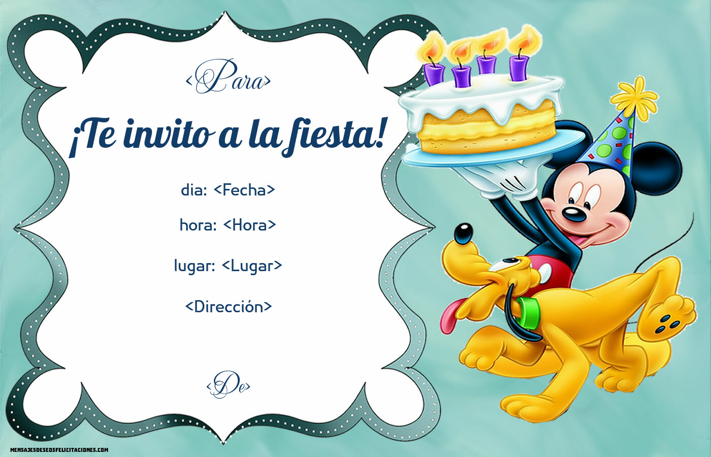 Invitación con mickey mouse y pluto con tarta | Personalizar invitaciones de cumpleaños para niños