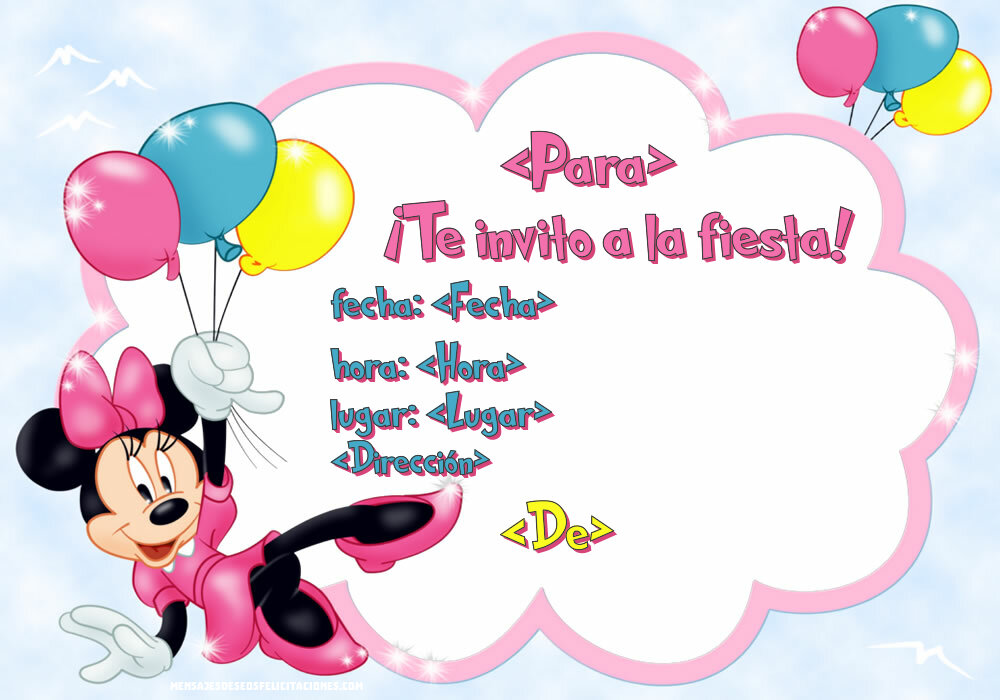 Minnie Mouse con globos de colores para niñas | Personalizar invitaciones de cumpleaños para niños