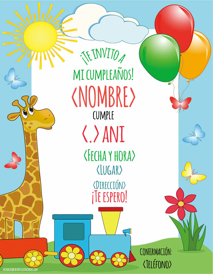 Alegre invitación con mariposas, globos, flores, tren, sol y nubes | Personalizar invitaciones de cumpleaños para niños