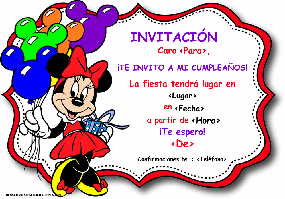 Para niñas: Minnie Mouse con un regalo y globos de colores | Personalizar invitaciones de cumpleaños para niños