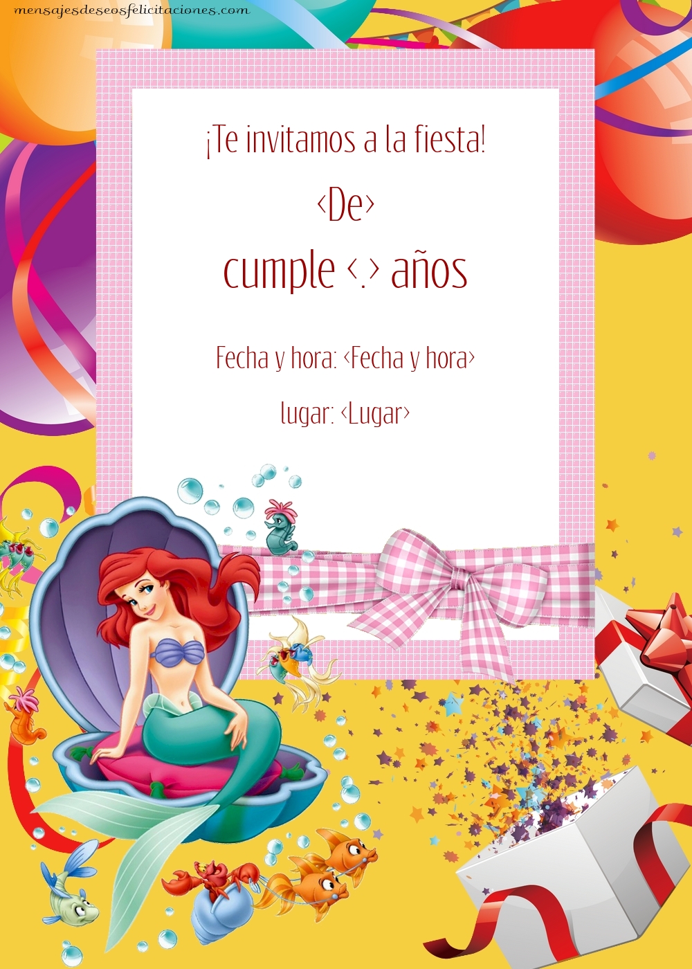 Invitación de fiesta con Ariel, regalos y globos | Personalizar invitaciones de cumpleaños para niños