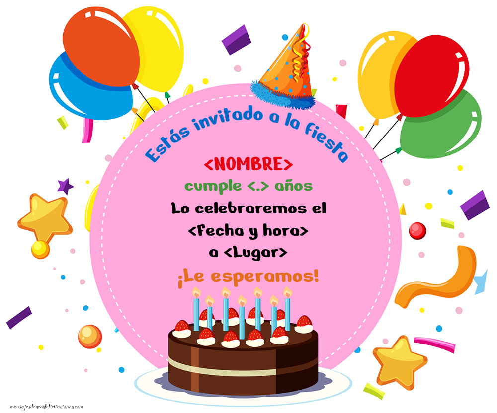 Invitación sencilla con tarta, globos y confeti | Personalizar invitaciones de cumpleaños para niños