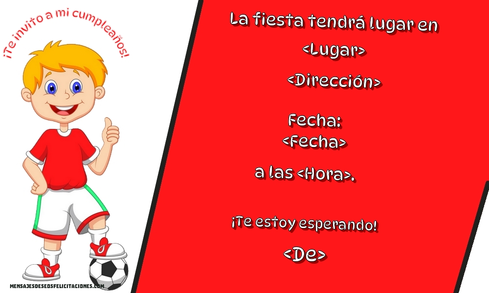 Invitación con un niño al fútbol sobre fondo rojo | Personalizar invitaciones de cumpleaños para niños