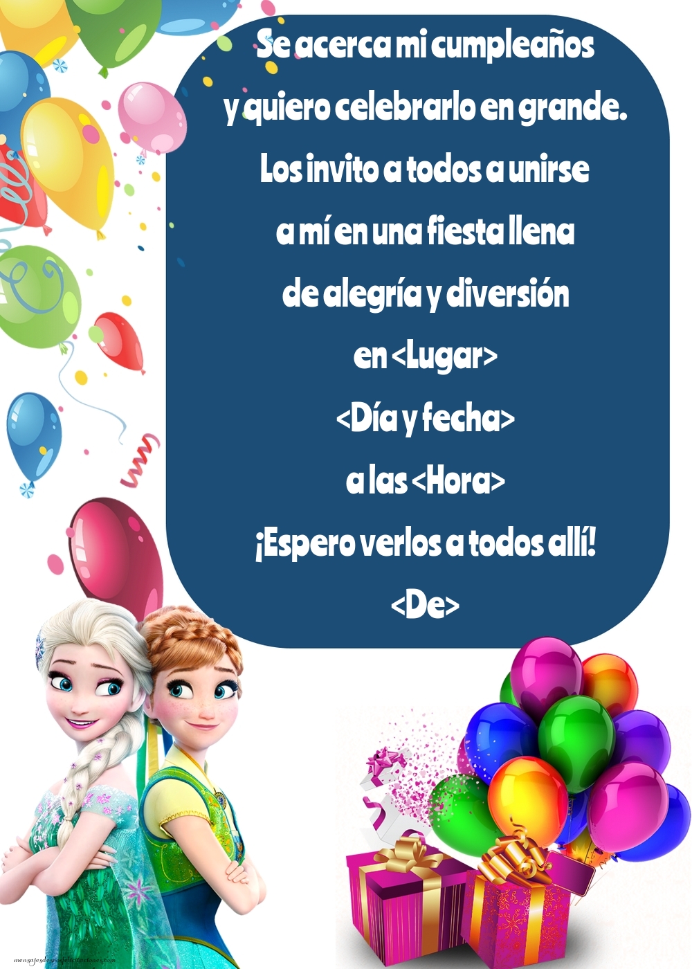 Invitación con Elsa y Anna, globos y cajas de regalo | Personalizar invitaciones de cumpleaños para niños