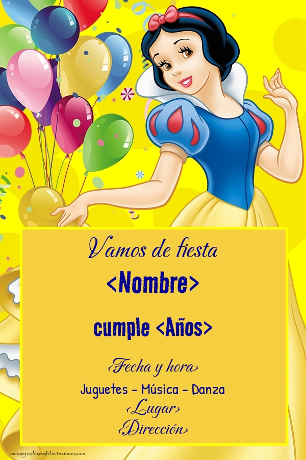 Let's party - Modelo Blancanieves y globos | Personalizar invitaciones de cumpleaños para niños