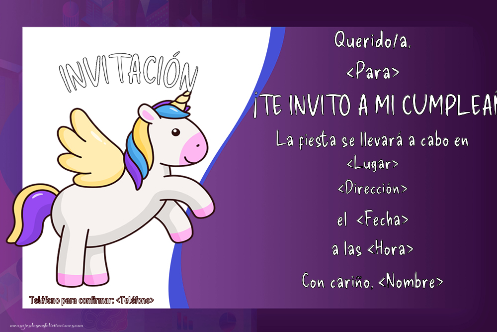 Para niñas: Un lindo unicornio te invita a mi cumpleaños | Personalizar invitaciones de cumpleaños para niños