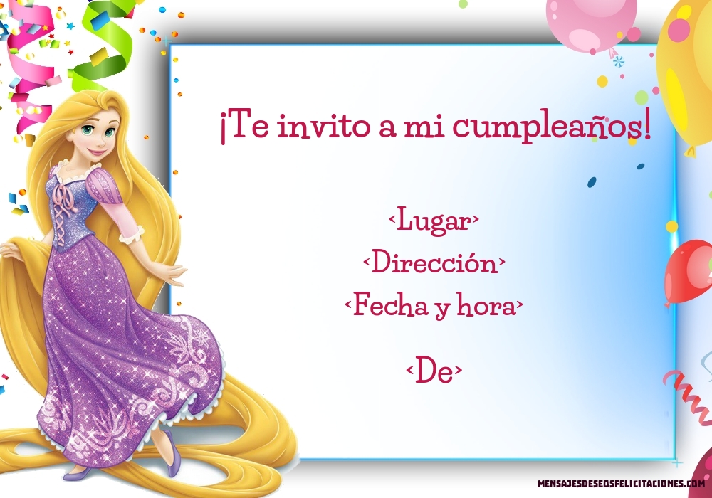 Invitacion con Rapunzel, papel picado y globos | Personalizar invitaciones de cumpleaños para niños