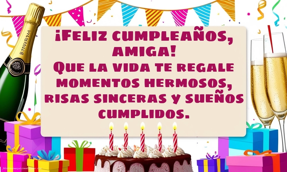 Imágenes con Frases de Feliz Cumpleaños Amiga: Champán y tarta