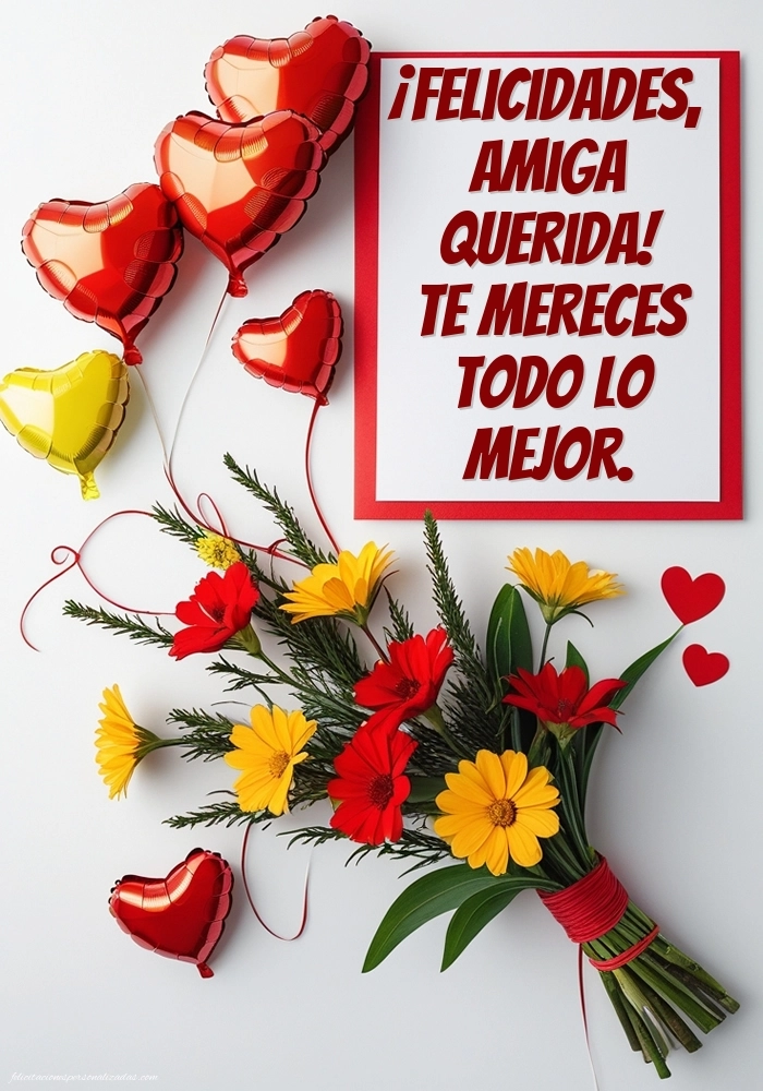 Imágenes con Frases de Feliz Cumpleaños Amiga: Flores y corazones