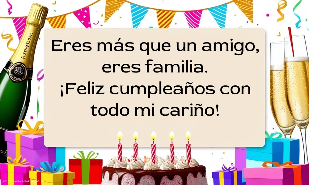 Imágenes con Frases de Feliz Cumpleaños Amigo: Champán y tarta