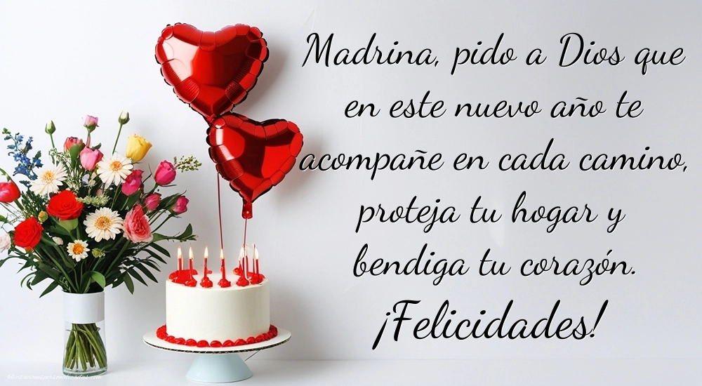 Imágenes con Frases de Feliz Cumpleaños Madrina: Tarta y flores