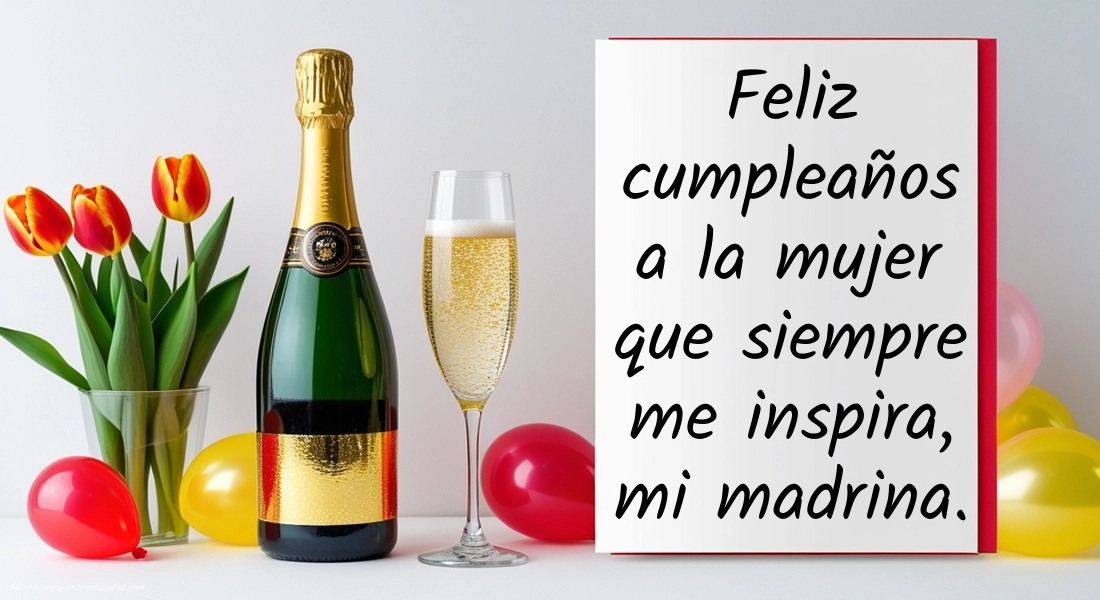 Imágenes con Frases de Feliz Cumpleaños Madrina: Champán y tulipanes