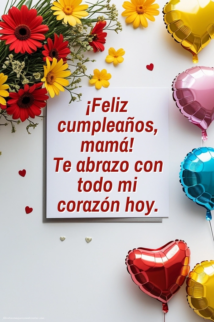 Imágenes con Frases de Feliz Cumpleaños Mamá: Flores y globos