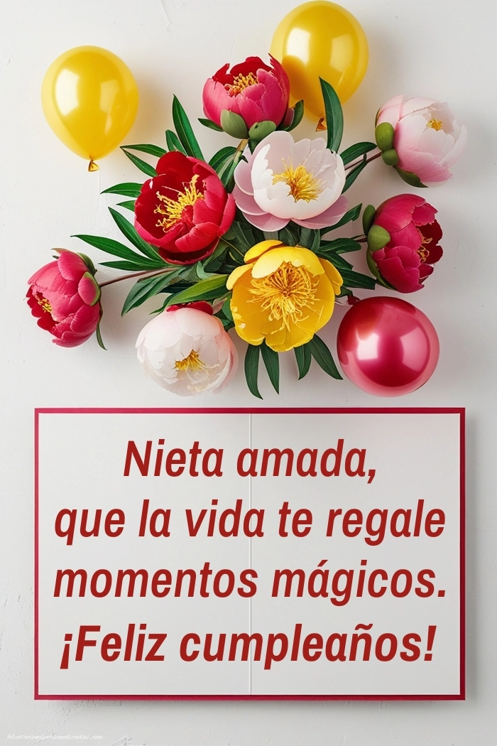 Imágenes con Frases de Feliz Cumpleaños Nieta: Flores y globos