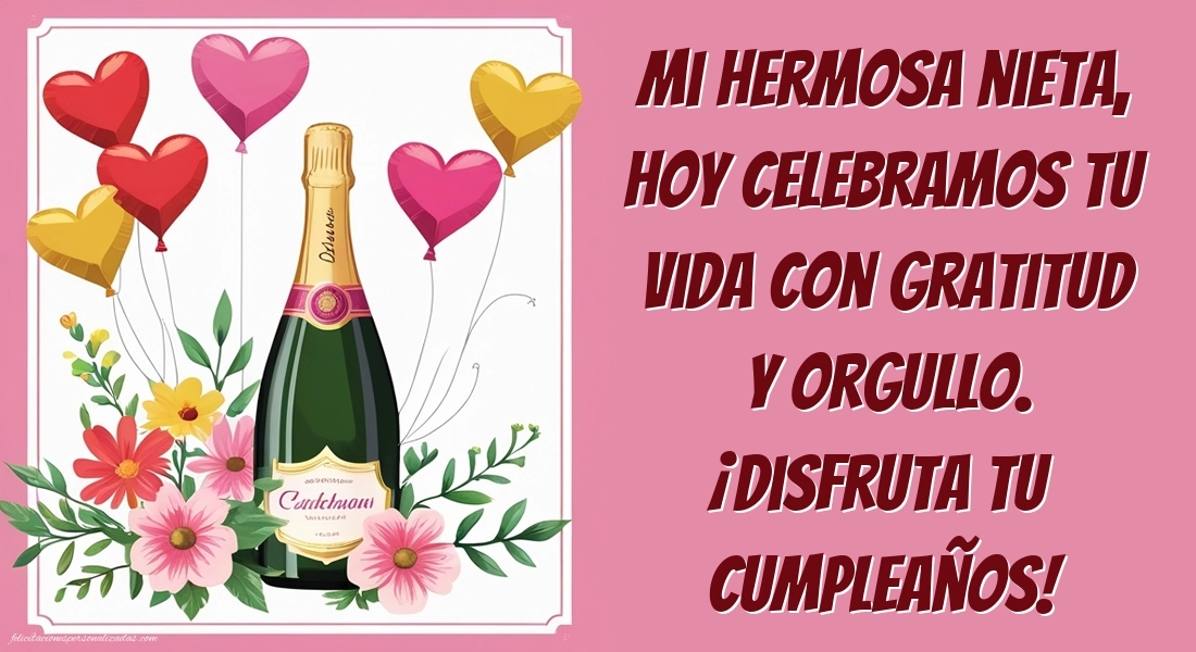 Imágenes con Frases de Feliz Cumpleaños Nieta: Champán y globos