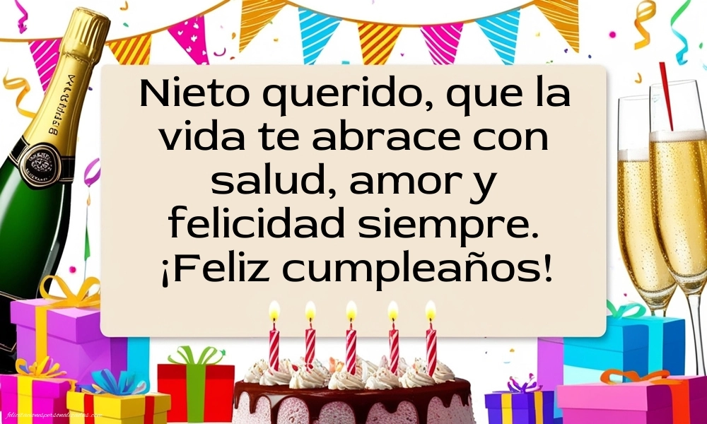 Imágenes con Frases de Feliz Cumpleaños Nieto: Champán y tarta
