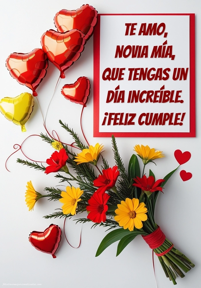 Imágenes con Frases de Feliz Cumpleaños Novia: Flores y corazones