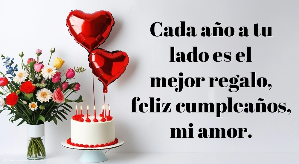 Imágenes con Frases de Feliz Cumpleaños Novia: Tarta y flores