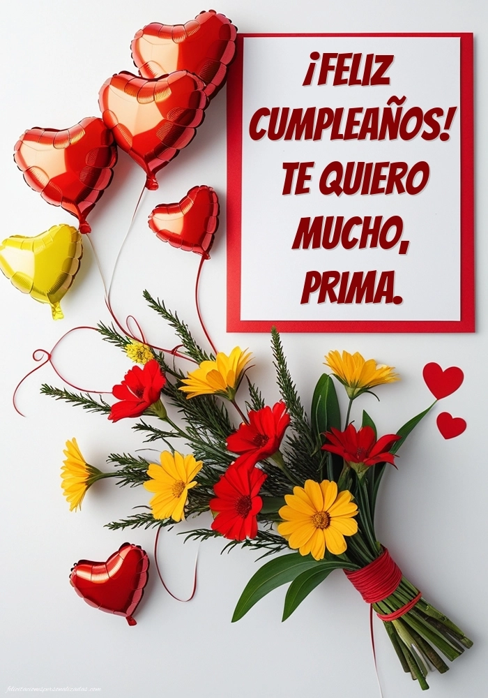 Imágenes con Frases de Feliz Cumpleaños Prima: Flores y corazones