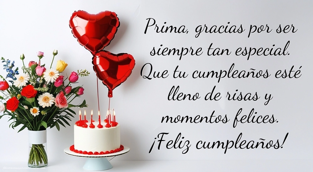 Imágenes con Frases de Feliz Cumpleaños Prima: Tarta y flores