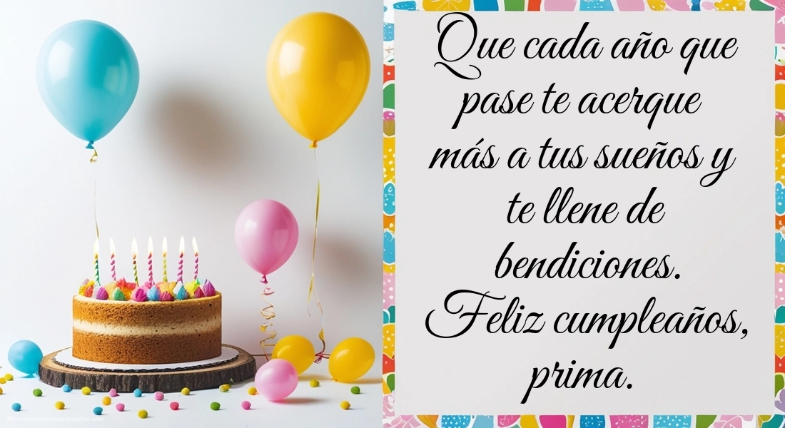 Imágenes con Frases de Feliz Cumpleaños Prima: Torta y globos
