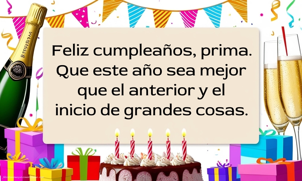 Imágenes con Frases de Feliz Cumpleaños Prima: Champán y tarta