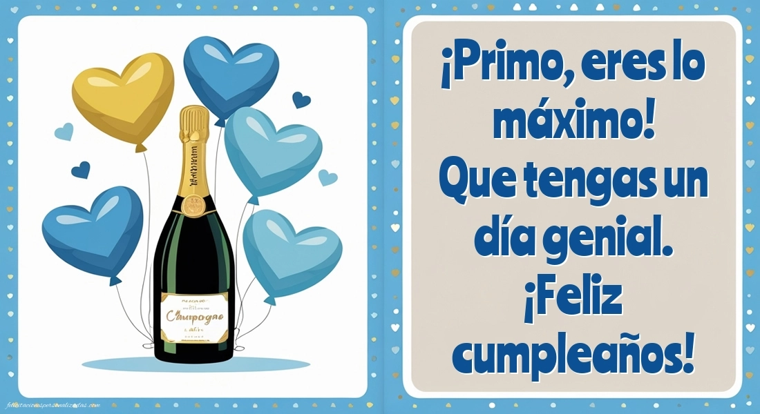 Imágenes con Frases de Feliz Cumpleaños Primo: Champán y globos