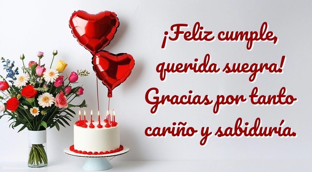 Imágenes con Frases de Feliz Cumpleaños Suegra: Tarta y flores