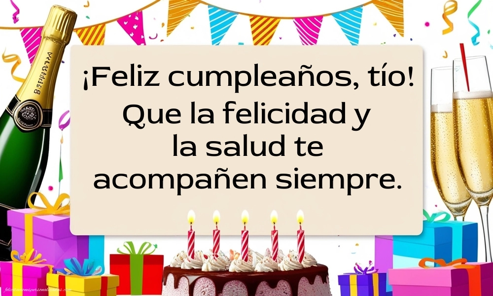 Imágenes con Frases de Feliz Cumpleaños Tio: Champán y tarta